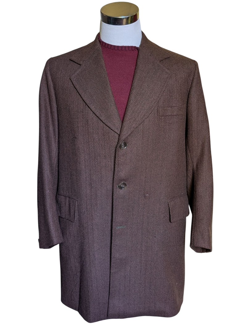 Crombie Coat 44R Brown Herringbone 3-button Wool Tweed Crombie
