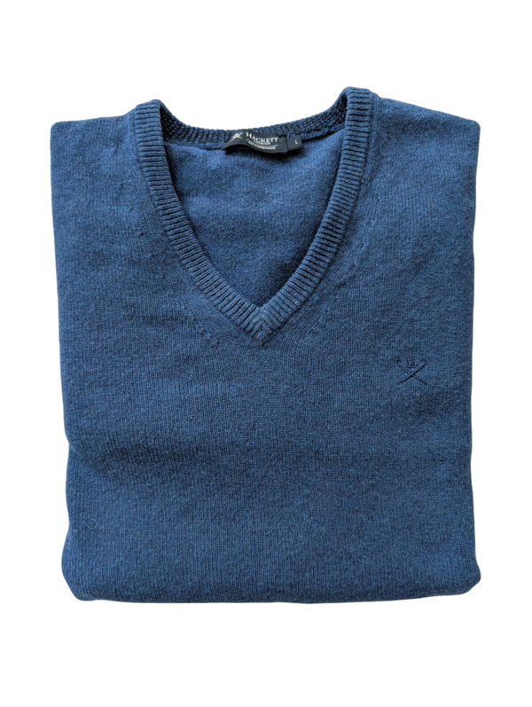 Hackett Sweater L Blue V-neck Lambswool