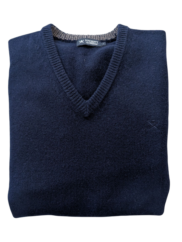 Hackett Sweater L Navy Blue V-neck Lambswool