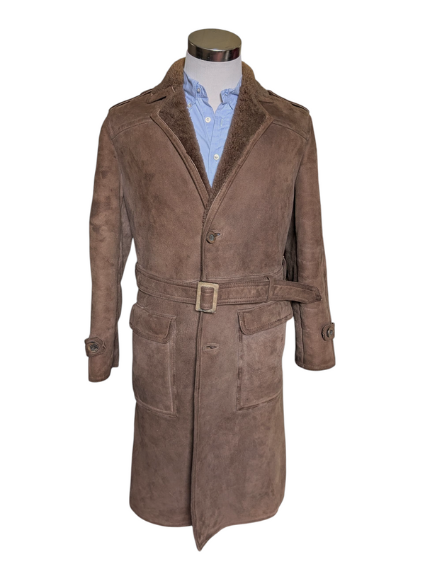 Vintage Morlands Leather Lambsuede Belted Shearling Coat S/38 Light Brown