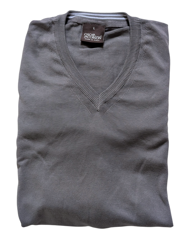 Oscar Jacobsen Sweater L Taupe Grey V-Neck Cotton Italy