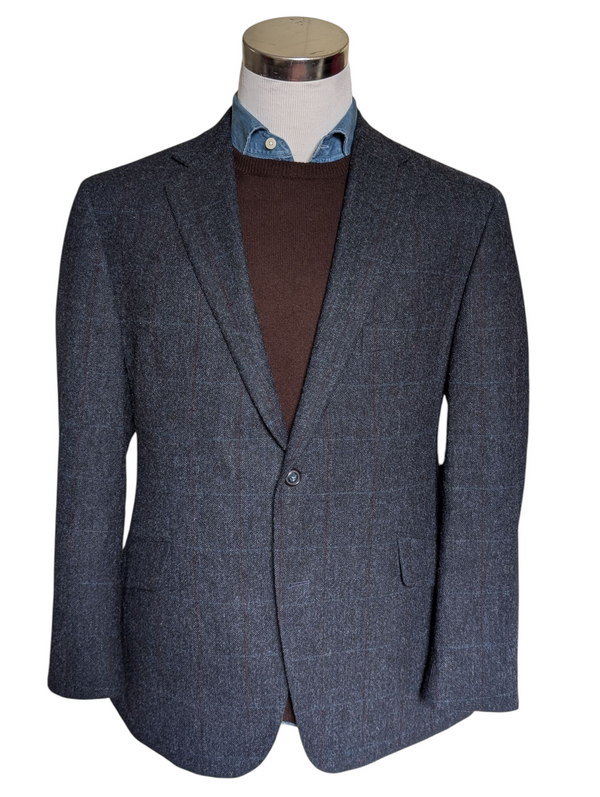Marks & Spencer Abraham Moon Sport Coat 44S Blue Windowpane 2-button Worsted Wool Tweed