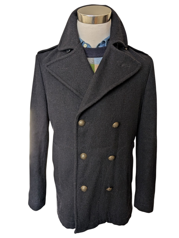 Jack Wills x Fox Bros. Pea Coat L Slim Midnight Blue Wool