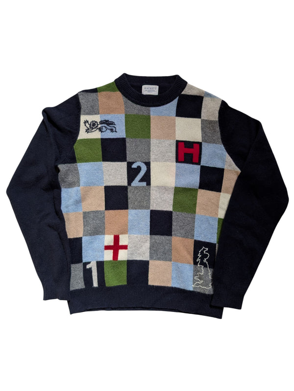 Hackett Sweater M Navy Blue Patchwork Lambswool