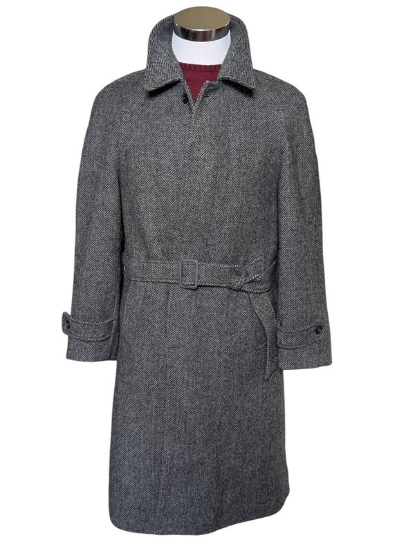Vintage Burton Balmacaan Raglan Coat S/38R Charcoal Herringbone Heavy Wool