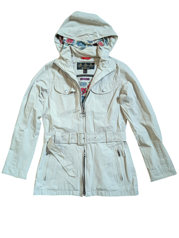 Barbour x Liberty Fabric Ladies Light Hooded Jacket S/M 6 US Stone Beige H20 Proof Cotton Blend