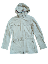 Barbour x Liberty Fabric Ladies Light Hooded Jacket S/M 6 US Stone Beige H20 Proof Cotton Blend