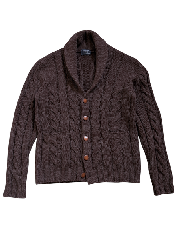 Hackett Sweater M Brown Cableknit Shawl Collar Cardigan Geelong Wool