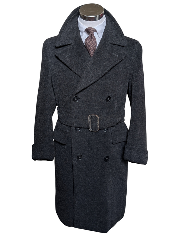 Vintage Crombie Belted DB Great Coat 40R Charcoal Heavy Wool