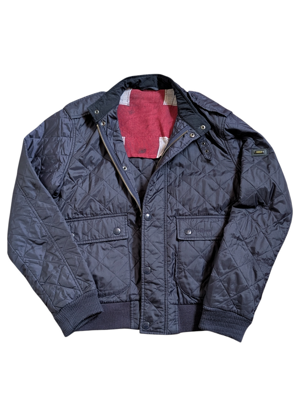 Barbour Jacket M Navy Blue Quilt Flyer Padded Polyester Union Jack