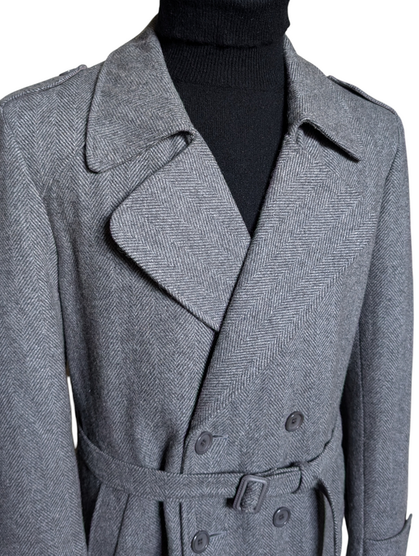 Vintage John Collier Belted Winter Coat M/40R Warm Grey Herringbone Heavy Wool
