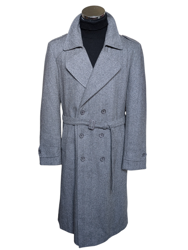 Vintage John Collier Belted Winter Coat M/40R Warm Grey Herringbone Heavy Wool