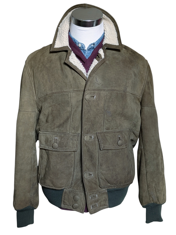 Vintage Nursey's British Lambsuede Shearling Bomber Jacket M/L Olive Green