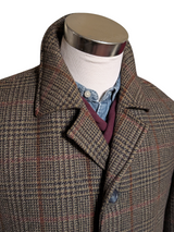 Vintage British Half Raglan Car Coat 44R Greenish Brown Plaid Wool Tweed
