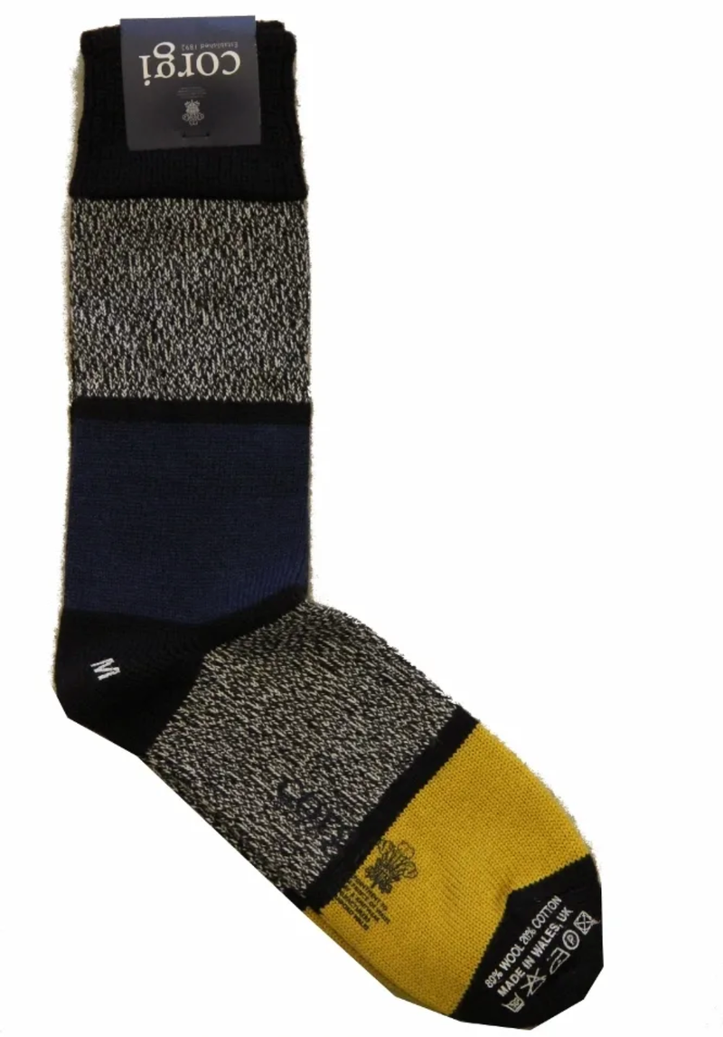 The Wardrobe Corgi Socks Navy/Gold stripe Heavy Wool/Cotton M