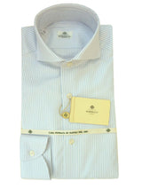 Borrelli Shirt: 17 White weave with light blue stripes, wide spread collar, pure cotton