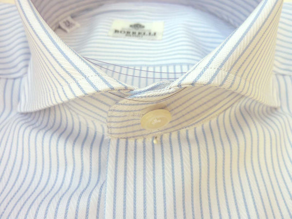 Borrelli Shirt: 17 White weave with light blue stripes, wide spread collar, pure cotton