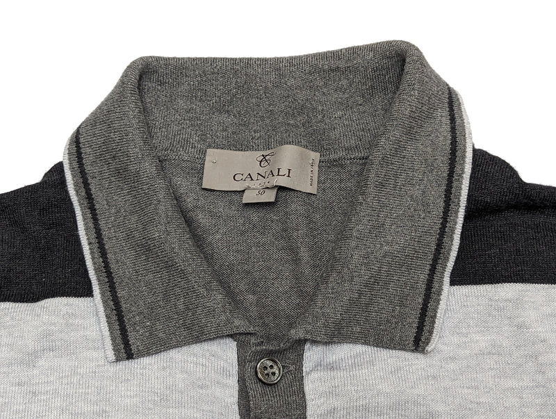 Canali Knit Polo Shirt M Grey Color Block Cotton