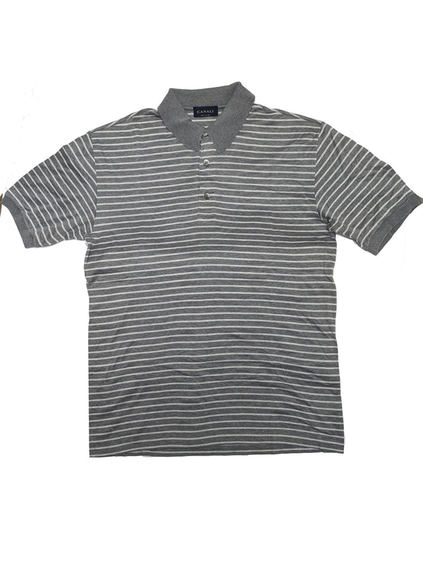 Canali Polo Shirt M Soft Grey/White Striped Cotton