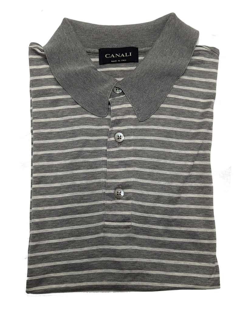 Canali Polo Shirt M Soft Grey/White Striped Cotton