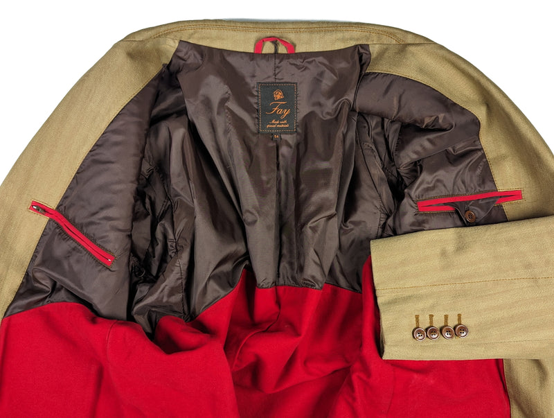 Fay Jacket L/XL Tan Herringbone 3-Button Heavy Cotton