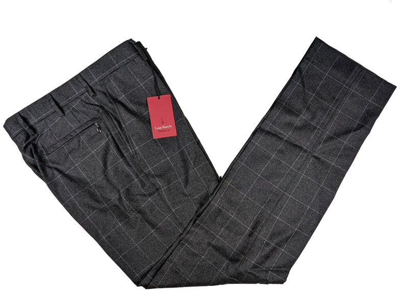 Luigi Bianchi Trousers 32 Mid Grey Windowpane Flat front Tailored fit Wool