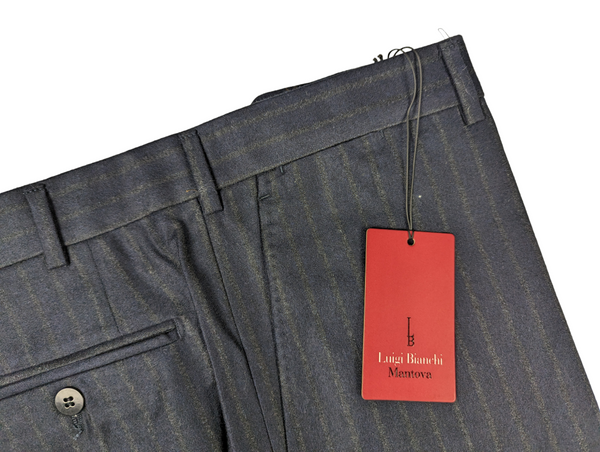Luigi Bianchi Trousers 38, Navy with Charcoal Stripes Flat front Relaxed fit Wool Flannel Delfino