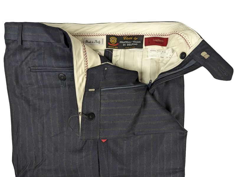 Luigi Bianchi Trousers 38, Navy with Charcoal Stripes Flat front Relaxed fit Wool Flannel Delfino