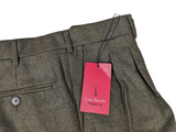 Luigi Bianchi Trousers 34 Olive Green Melange Pleated front Full Leg Wool