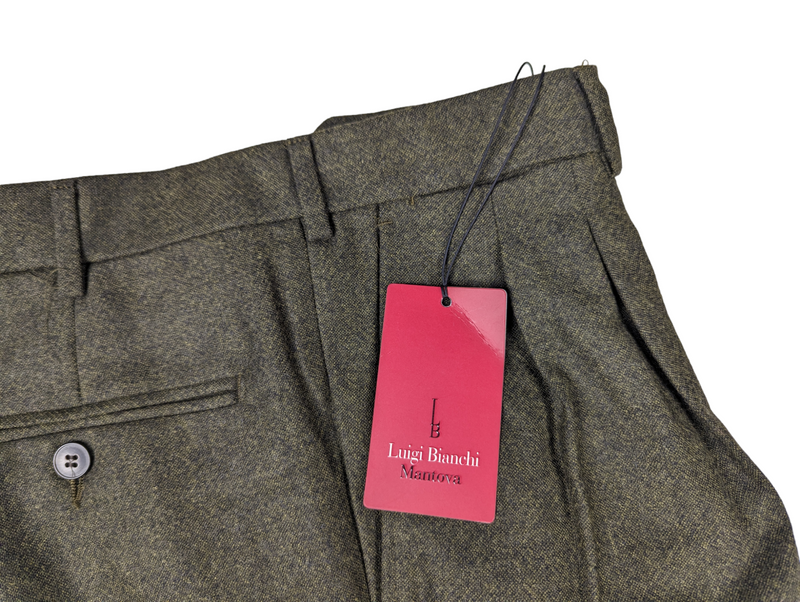 Luigi Bianchi Trousers 34 Olive Green Melange Pleated front Full Leg Wool