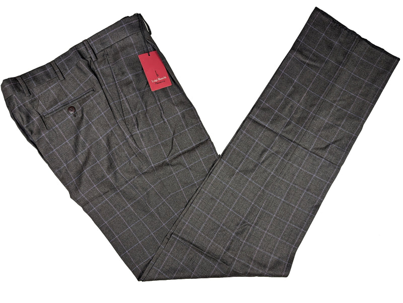 Luigi Bianchi Trousers 34, Grey windowpane Flat front Relaxed fit Wool/Cashmere