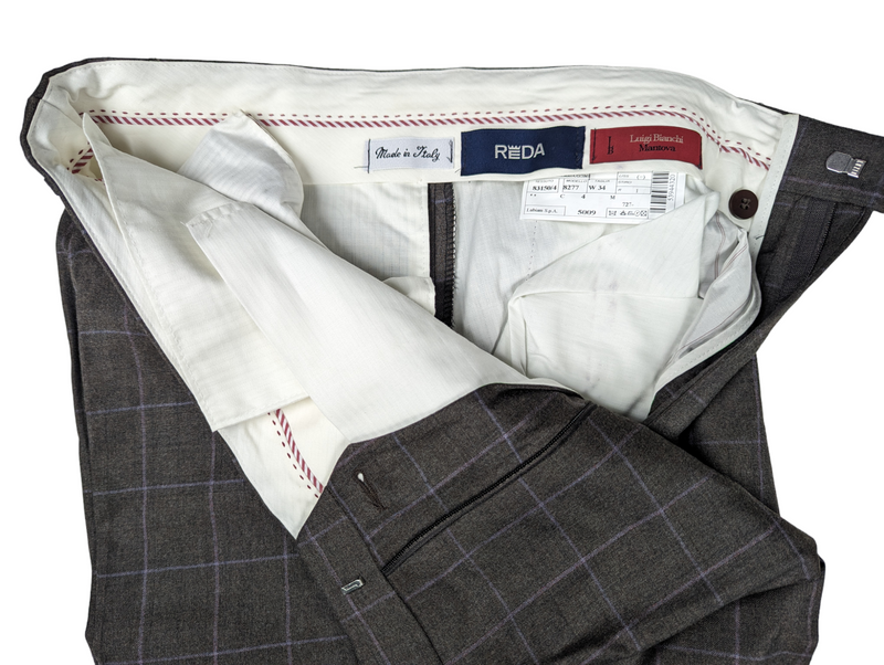 Luigi Bianchi Trousers 34, Grey windowpane Flat front Relaxed fit Wool/Cashmere