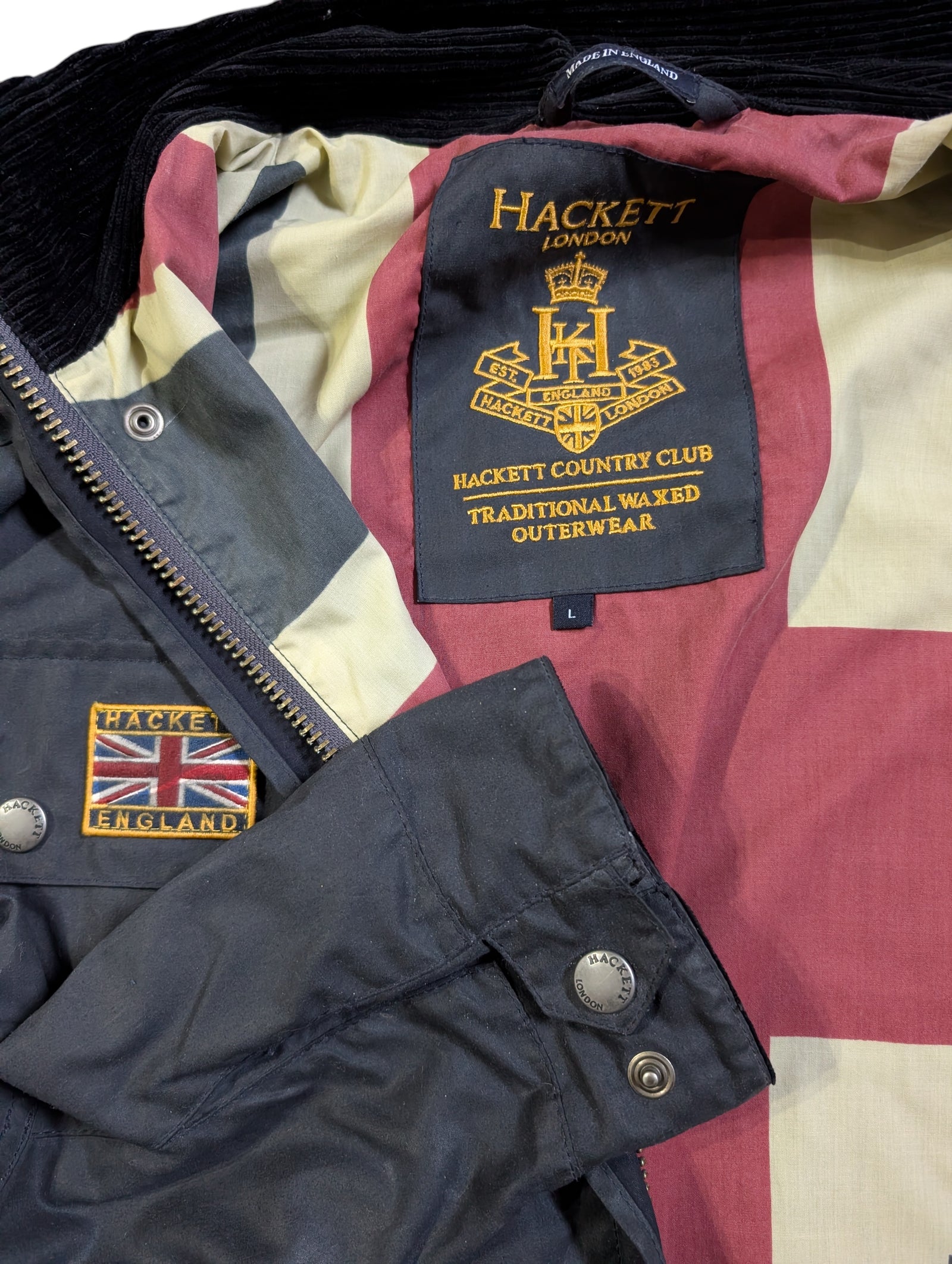 Hackett Field Rally Jacket L Navy Blue Waxed Cotton England 