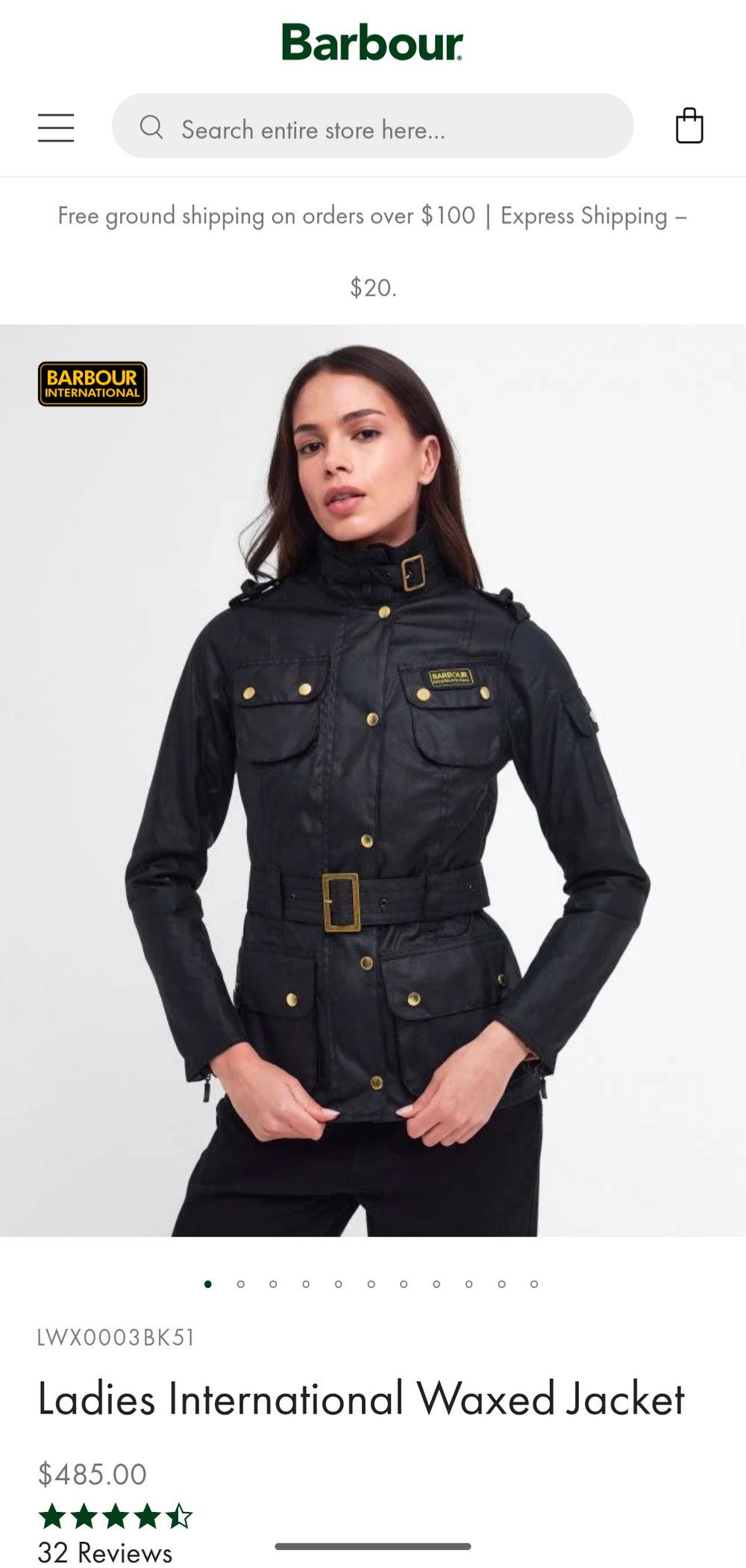 Barbour Ladies International Belted Waxed Jacket M/6 US Black