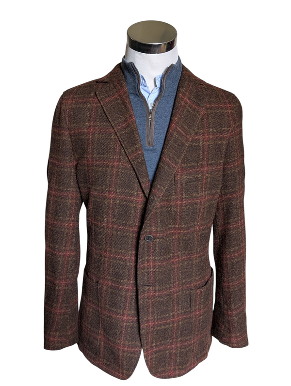 Strellson Sport Coat 44R Brown Plaid 2-button Wool Tweed