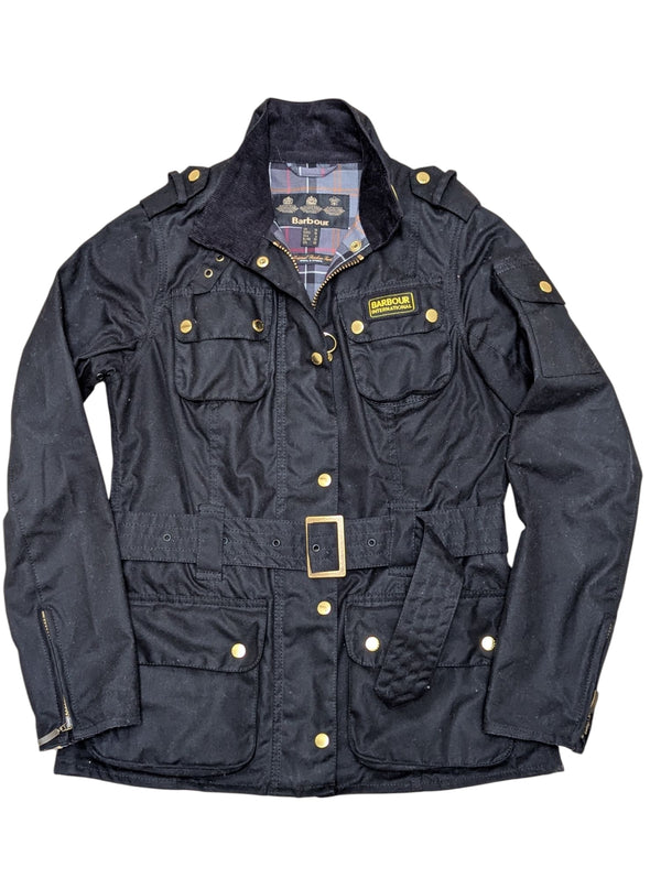 Barbour Ladies International Belted Waxed Jacket M/6 US Black Cotton