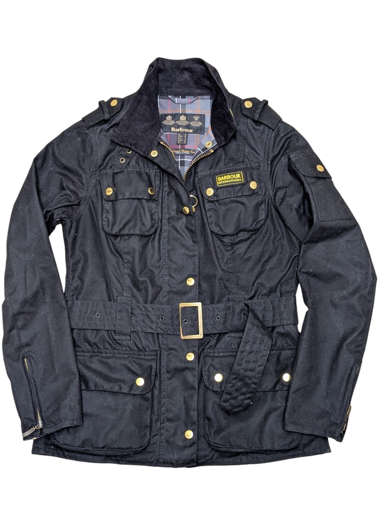 Barbour Ladies International Belted Waxed Jacket M/6 US Black Cotton