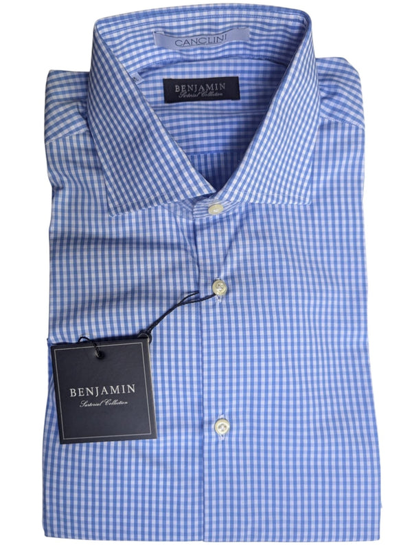 Benjamin Dress Shirt: Bright Sky blue gingham check, medium spread collar, pure cotton