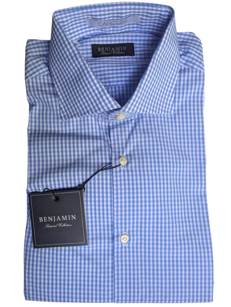 Benjamin Dress Shirt: Bright Sky blue gingham check, medium spread collar, pure cotton