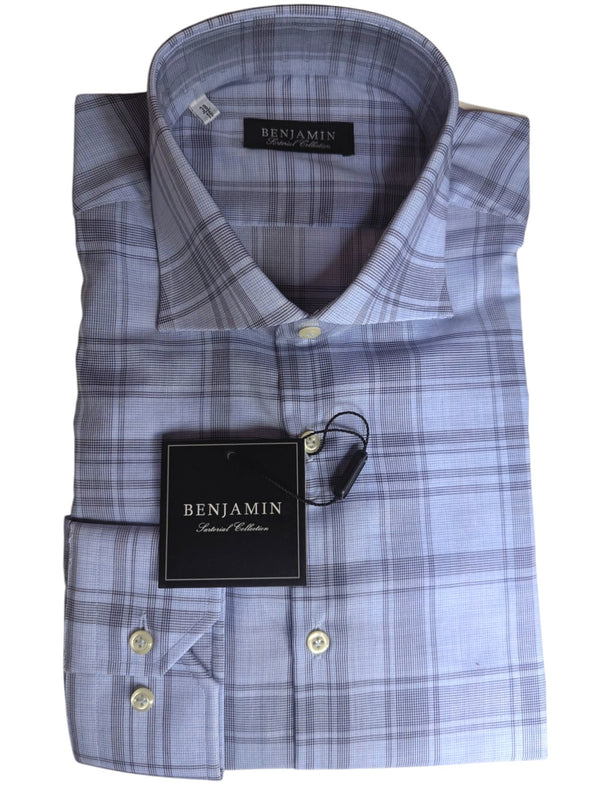 Benjamin Dress Shirt: Pale Blue Plaid medium spread collar, pure cotton