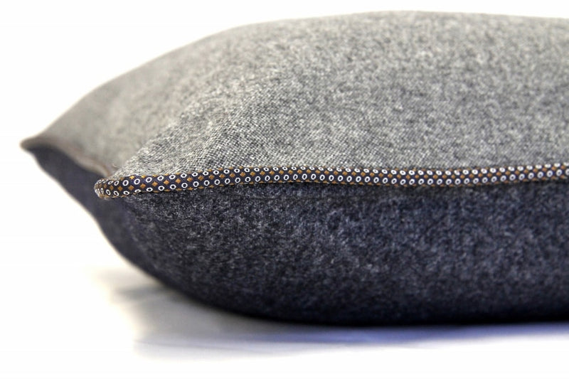 Grey Weave / Blue Melange, Navy with brown & white dots silk piping, 43x43
