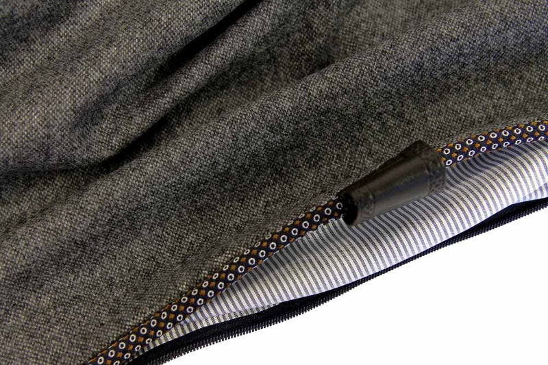 Grey Weave / Blue Melange, Navy with brown & white dots silk piping, 43x43