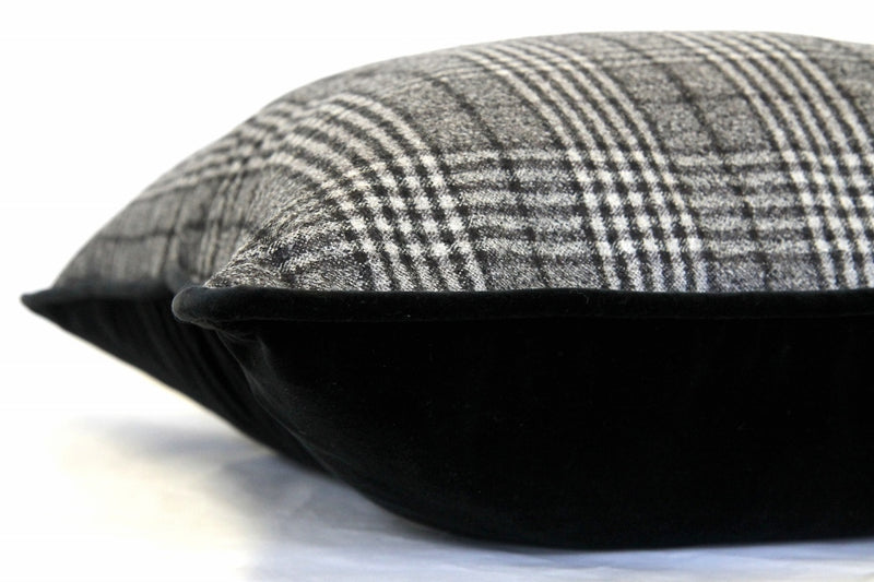 Sartoria Home Black & White Plaid Wool Cushion, With Black velvet back and piping 58x58