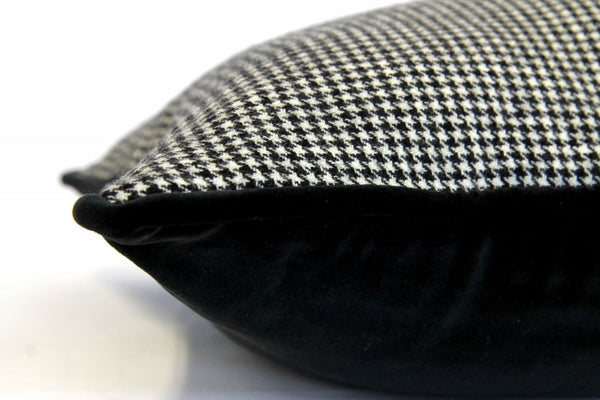 Sartorial Home Black & White Dogtooth Cashmere Cushion, With Black Velvet back and piping 53x53