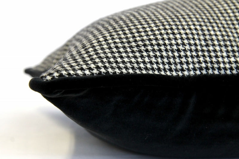 Sartorial Home Black & White Dogtooth Cashmere Cushion, With Black Velvet back and piping 48x48