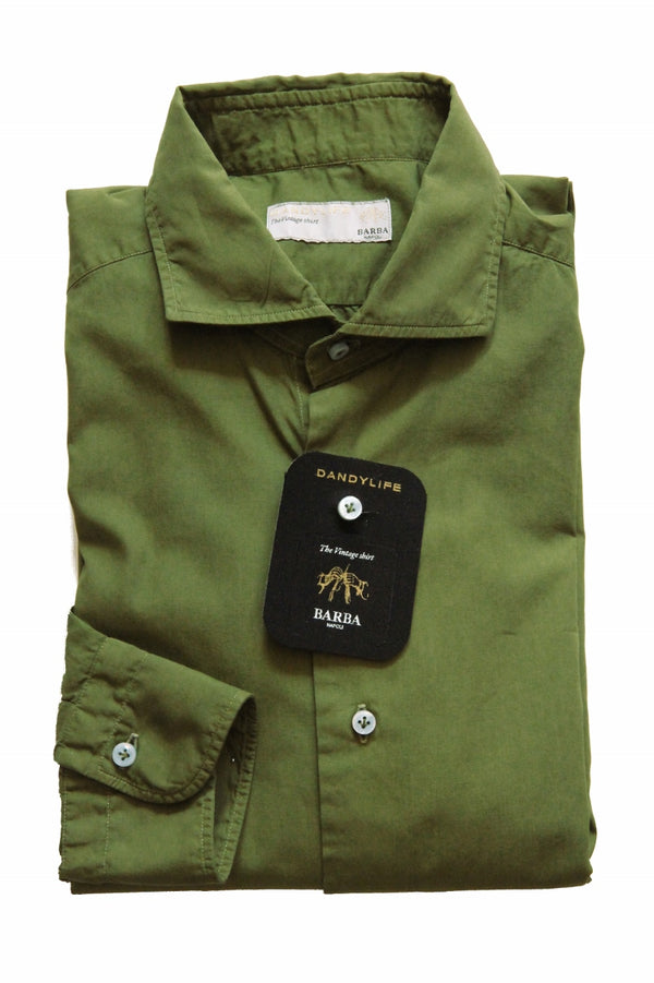 Barba Dandylife Shirt: Faded Olive green, Spread collar, garment washed/dyed cotton