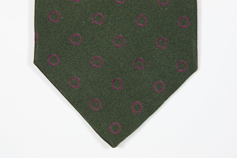 Borrelli Tie: Olive green with purple circle pattern, 3.5" wide, silk