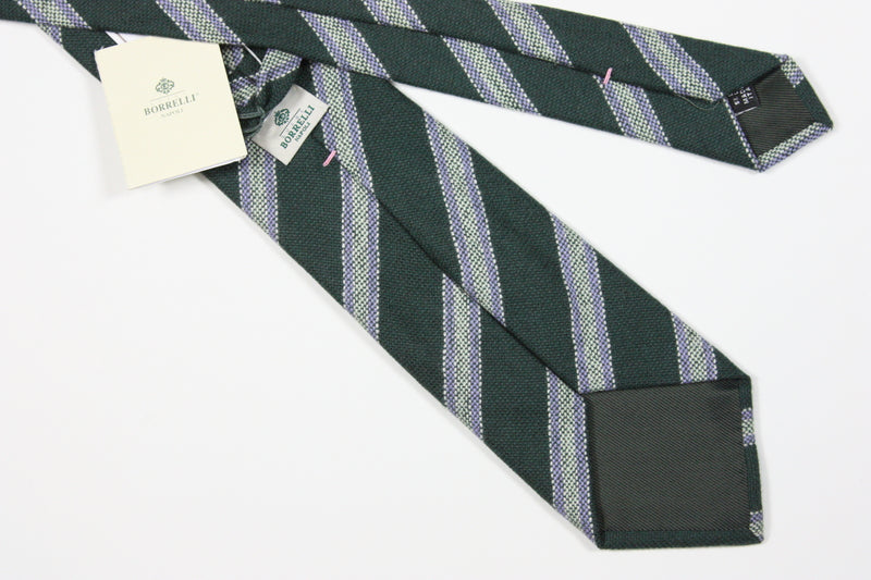 Borrelli Tie: Dark green with purple stripes , 3.75" wide, wool cashmere