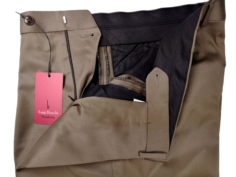 Luigi Bianchi Trousers 34 Mid Brown Pleated front Full Leg Wool