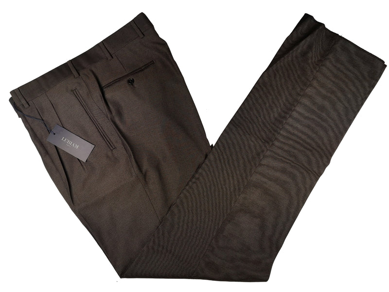 Luigi Bianchi Lubiam Trousers 34 Dark Brown Pleated front Full Leg Wool Twill